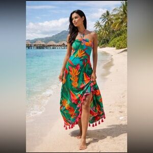 Tropical Green Halter Maxi Dress with Floral Print